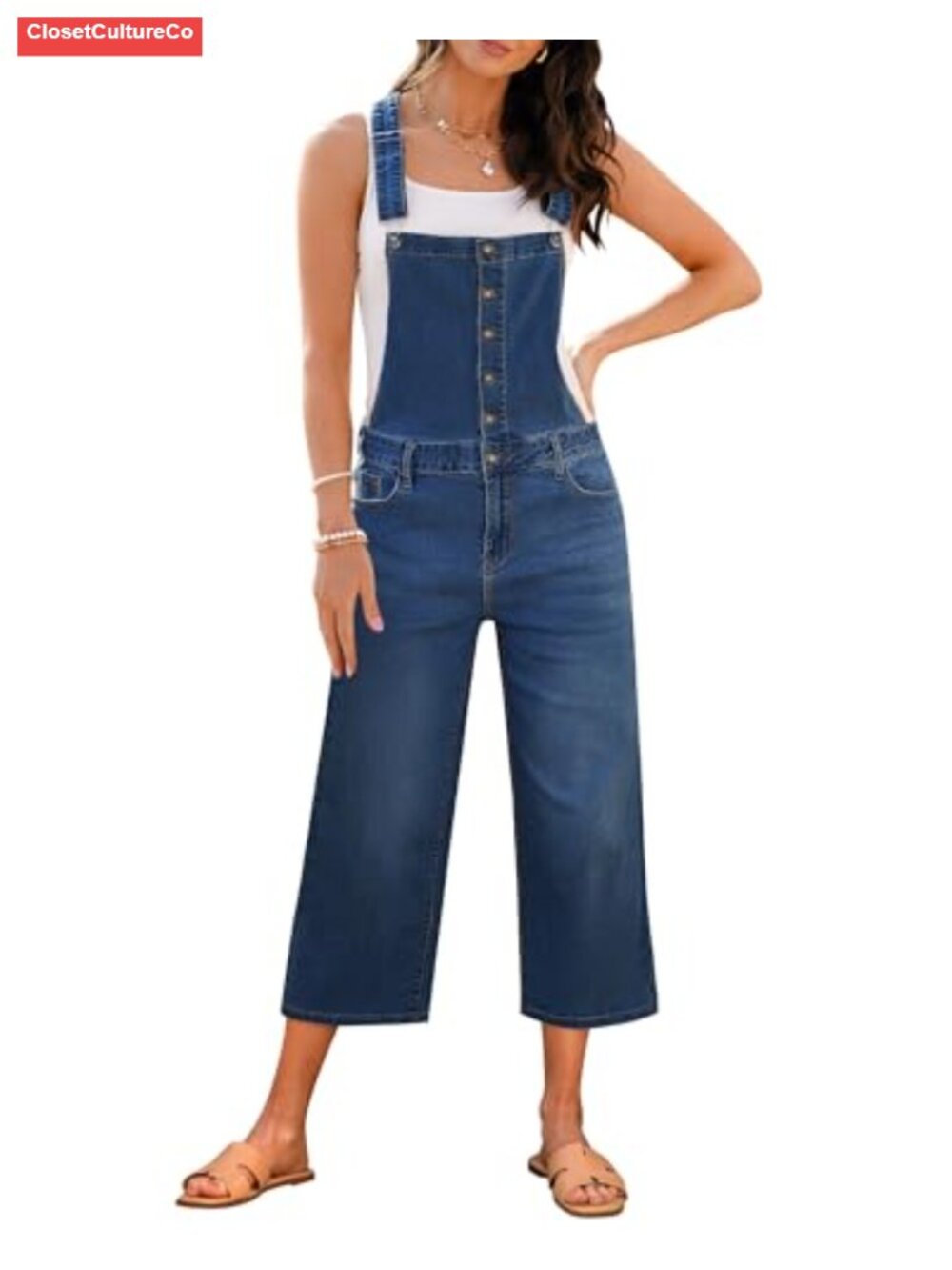 Denim Capri Overalls Loose Fit Wide Leg Button Front Bib Jumpsuit Adjustable